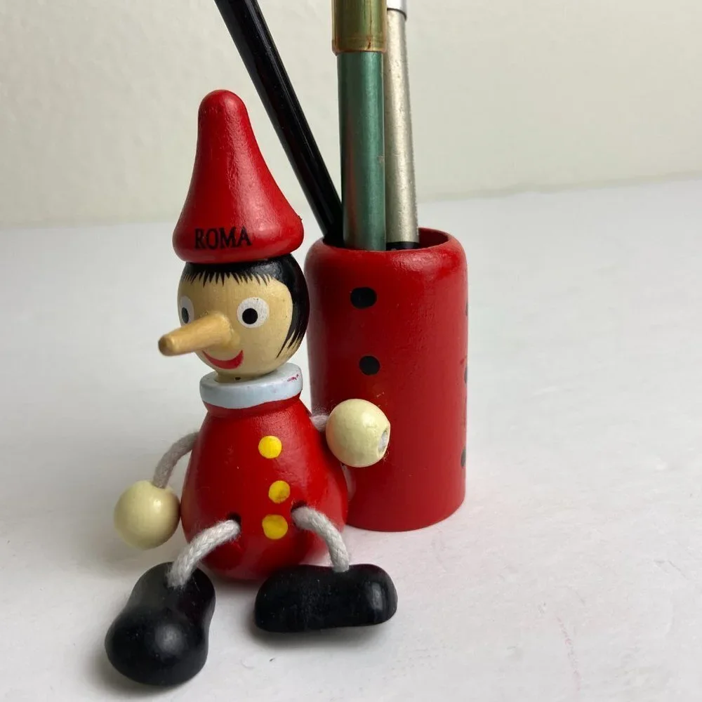 Vintage Wooden Pinocchio pencil holder Makeup Like new
